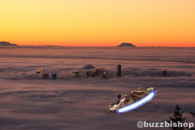 vancouver in the fog with millennium falcon